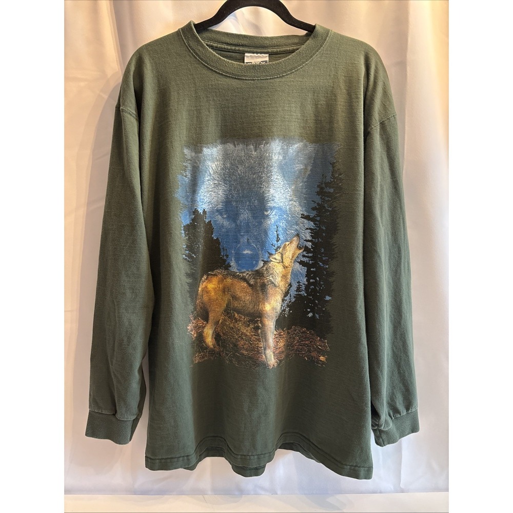 Y2K 2000's Wolves Nature Style White Green LongSleeve Tee Tshirt Size Large